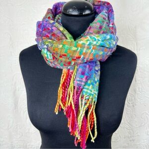 Echo Cashmere Lambswool Fringed Woven Wide Oblong Scarf in Rainbow Colors